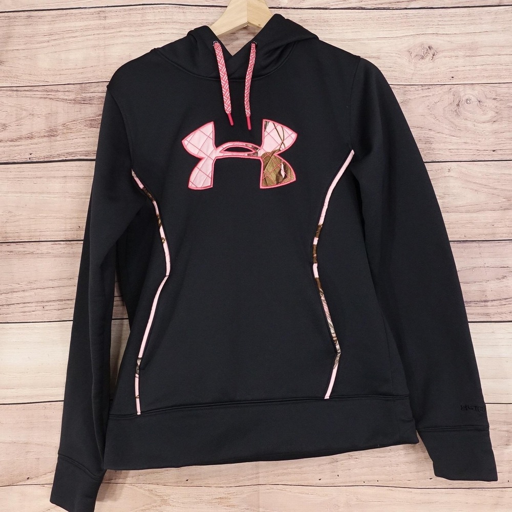 Under Armour Hoodie Womens M Black Storm Fleece Pullover Camo Logo Hunting Pink